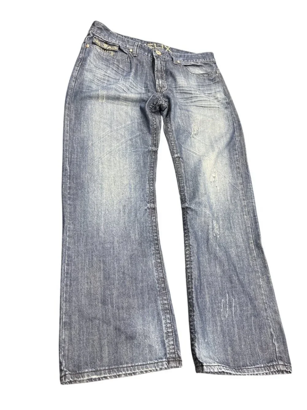Helix mens blue denim embroided boot cut jeans sz 38x32 SKU 10-548